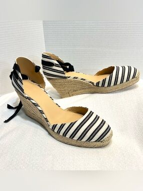 J.Crew Black White Striped Canvas Ankle Wrap Wedge Espadrilles Sandal Women 10.5